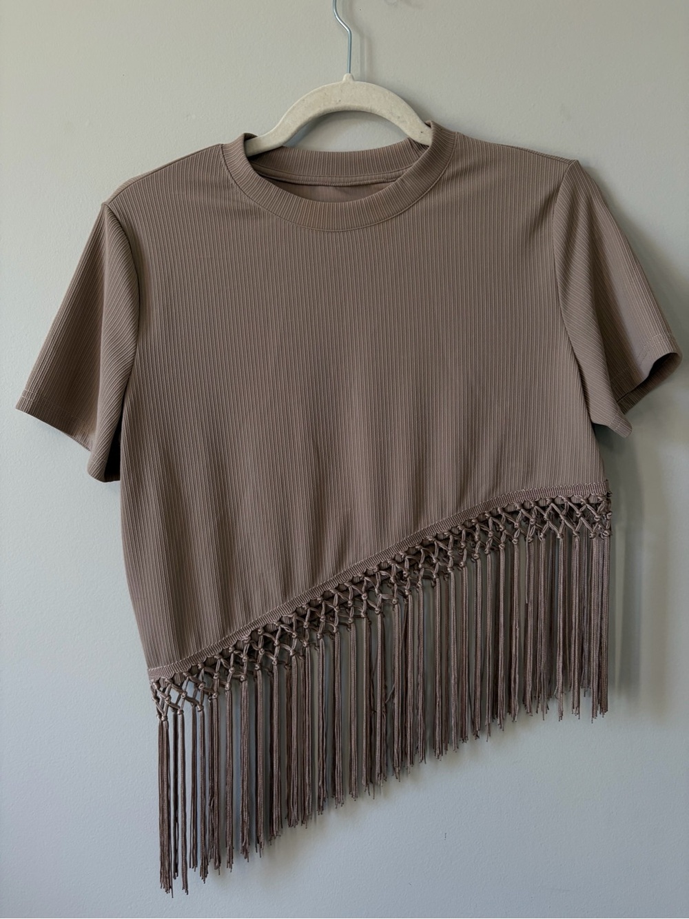 Source Unknown Taupe Ribbed Fringe Cropped Tee